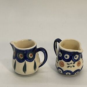 Miniature Boleslawiec Handcrafted Ceramic Pitchers - Blue and Cream